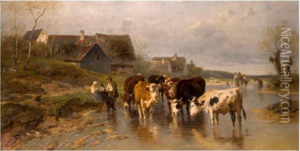 Kuhe Am Fluss Oil Painting - Christian Friedrich Mali