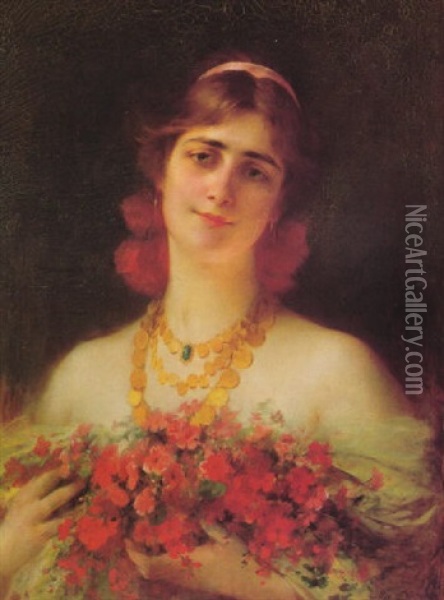 Portrait Of A Woman Holding A Bouquet Of Wild Flowers Oil Painting - Serkis Diranian