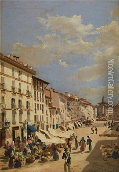 An Italian Country Market Oil Painting - Luigi Premazzi