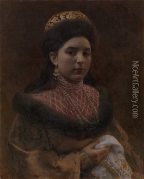 Portrait Of A Boyar Woman Oil Painting - Klavdiy Vasilievich Lebedev