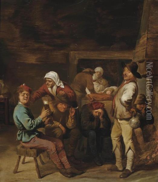 A Tavern Interior With Peasants Drinking And Smoking Beside A Fire Oil Painting - Pieter Jansz. Quast