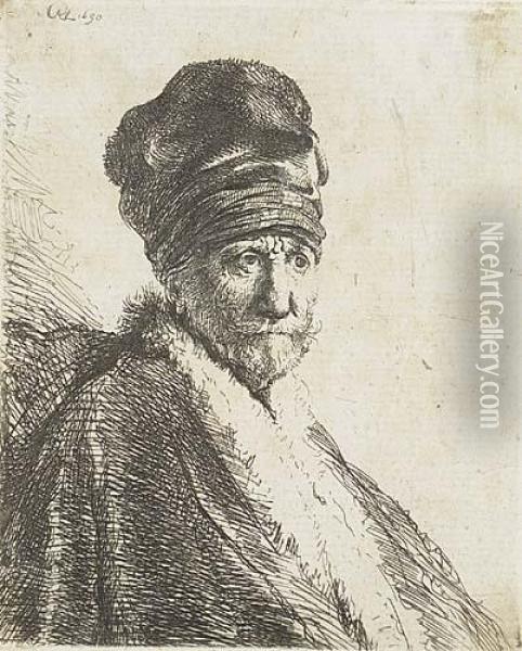 Bust Of A Man Wearing A High Cap; Three-quarters Right (the Artist's Father ?) Oil Painting - Rembrandt Van Rijn
