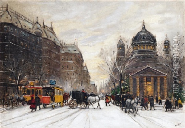 Winter Street In The City Oil Painting - Antal Berkes
