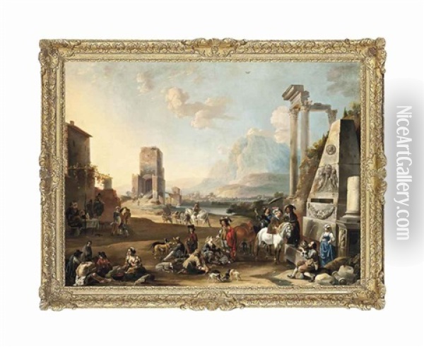 An Italianate Classical Landscape With Figures Resting Near A Fountain, Others Making Merry, A Town By A River Beyond Oil Painting - Antoon Goubau
