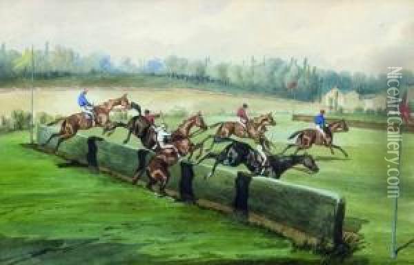 Grand Steeple Chase Couru A La Marche Le 20 Mai 1852 : Le Depart Et L'arrivee Oil Painting - Jonny Audy