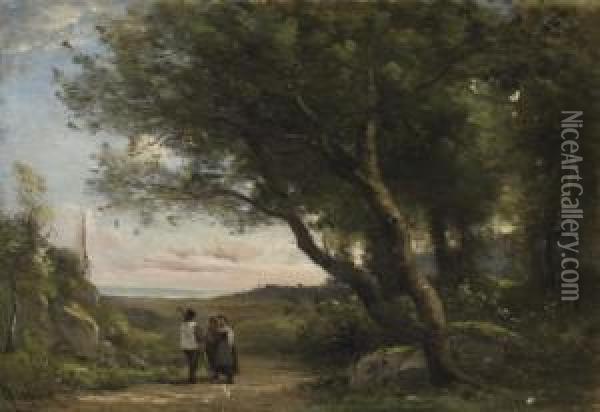 Deux Bergers Dans La Foret Oil Painting - Achille Francois Oudinot