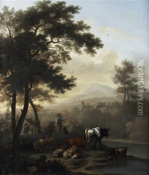 Shepherds Grazing Their Cattle Before An Open Italianate Landscape Oil Painting - Jan Vermeer van Haarlem III