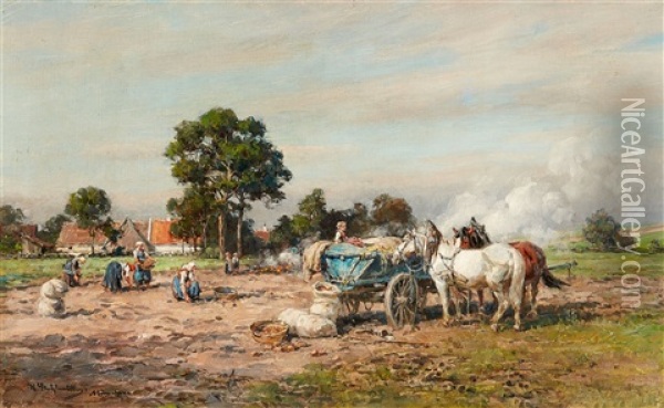 Landscape With Peasants At Harvest Time Oil Painting - Karl Stuhlmueller