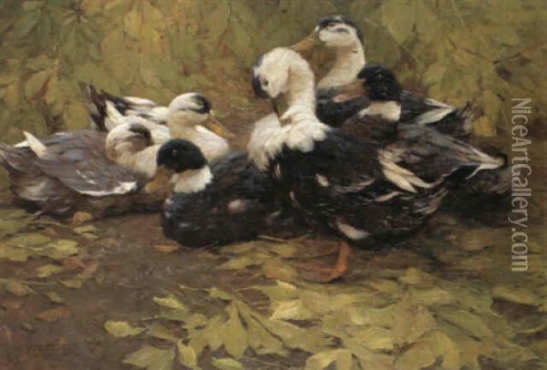 Sechs Enten Im Herbstlaub Oil Painting - Alexander Max Koester