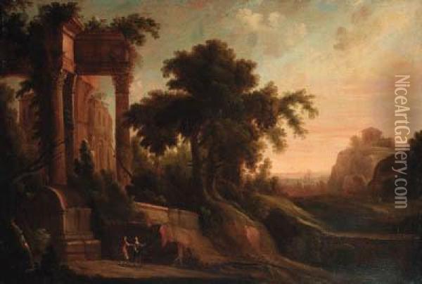 An Italianate Landscape With Figures By A Ruined Classicaltemple Oil Painting - Jacques D Arthois