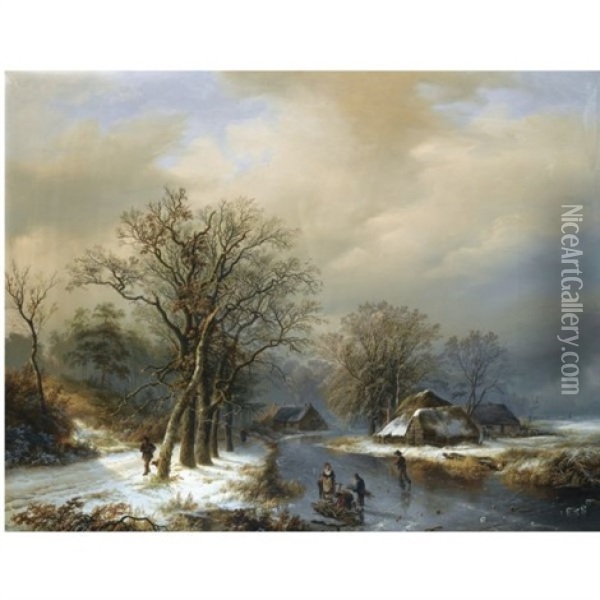 A Winter Landscape With Woodgatherers On The Ice Oil Painting - Willem Bodemann