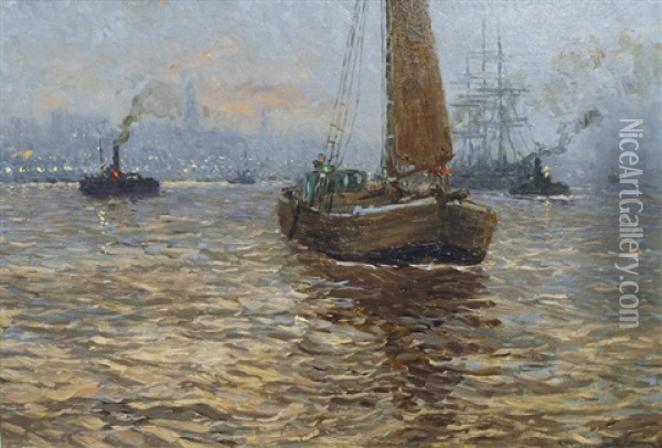 The Harbour In Hamburg At Dusk Oil Painting - Paul Kutscha