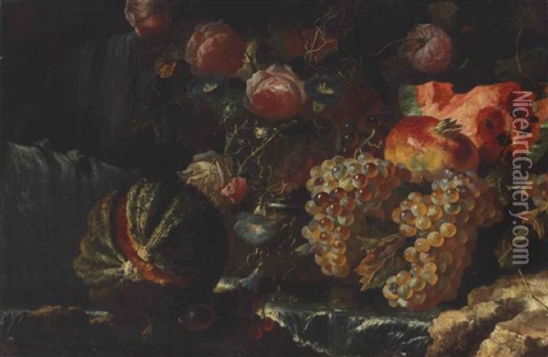 Melons, Grapes, Roses, Morning Glory, And A Pomegranate In A River Landscape Oil Painting - Giovanni Paolo Castelli (lo Spadino)
