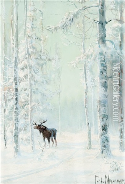 Elk In Cold Winter Landscape Oil Painting - Vladimir Leodinovitch (Comte de) Muravioff