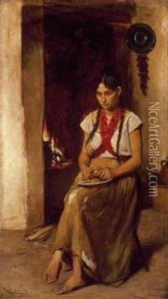 Girl In Front Of A Stove Oil Painting - Gyula Julius Agghazy /