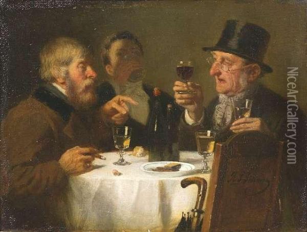 Three Dignitaries Tasting Wine. Oil/panel, Signed Oil Painting - Reinhard Sebastian Zimmermann