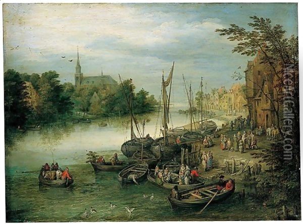 A View Of A River Quayside, A Church In The Distance Oil Painting - Jan Brueghel the Younger