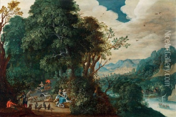Chasseurs Au Faucon Dans Un Sous-bois Oil Painting - Abraham Govaerts
