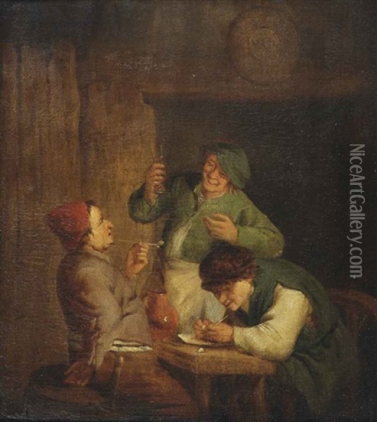 Three Men Smoking In An Interior Oil Painting - Adriaen Jansz van Ostade