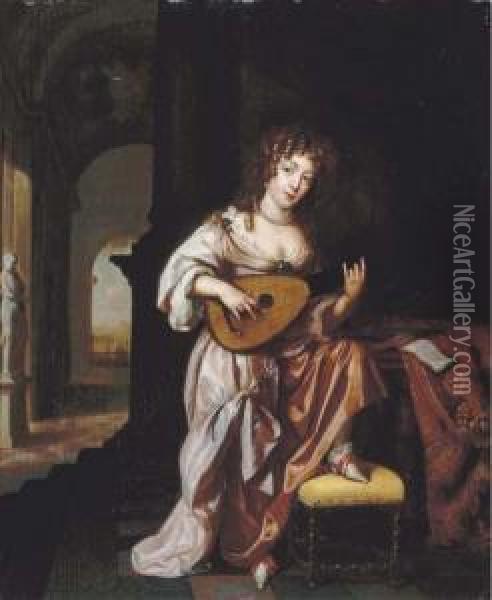An Elegant Lady Playing The Lute, Seated By A Draped Table, Aterrace Beyond Oil Painting - Regnier de La Haye