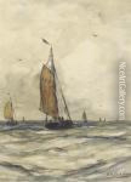 Sailing Vessels At Sea By Scheveningen Oil Painting - Hendrik Willem Mesdag