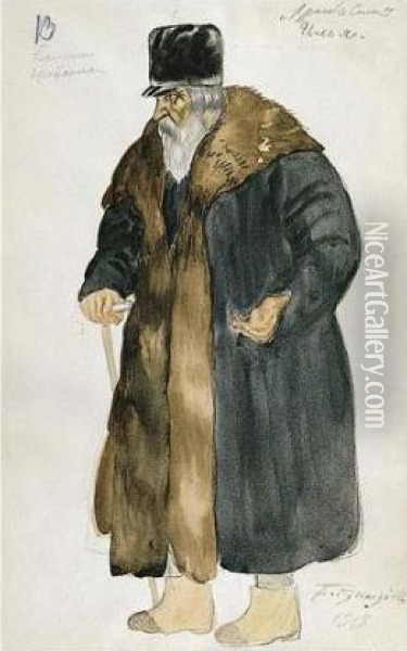 Costume Design For Ilya, An Old Peasant Man With Walking Stick Oil Painting - Boris Kustodiev