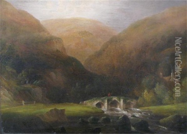Fingle Bridge On The River Teign, Devon (+ View On The River Teign; Pair) Oil Painting - John Wallace Tucker