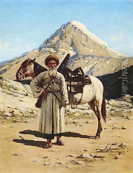Portrait Of A Cossack By His Horse Oil Painting - Richard Karlovich Zommer