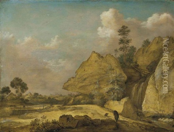 A Rocky River Landscape, With Travelers And A Dog Oil Painting - Gillis Claesz De Hondecoeter