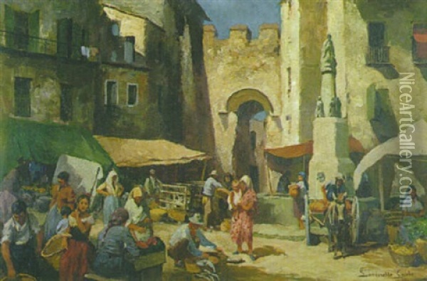 Markttreiben In Einem Alten, Italienischen Stadtchen Oil Painting - Egisto Lancerotto