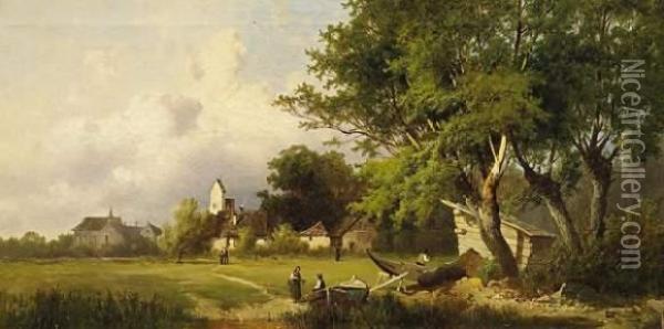 Village Landscape With River Bank Oil Painting - Josef Thoma