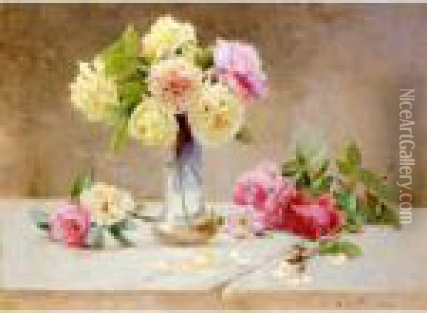 Still Life Of Roses In A Glass Vase Oil Painting - Emile Vernon