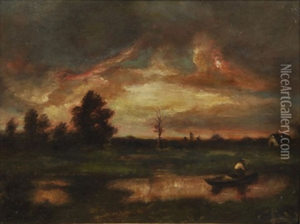 Landschaft Mit Weiher In Abenddammerung Oil Painting - Alexandre Gabriel Decamps