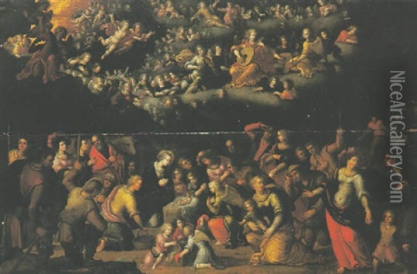 Les Anges Et Les Bergers Venant Adorer L'enfant Jesus Oil Painting - Louis de Caullery