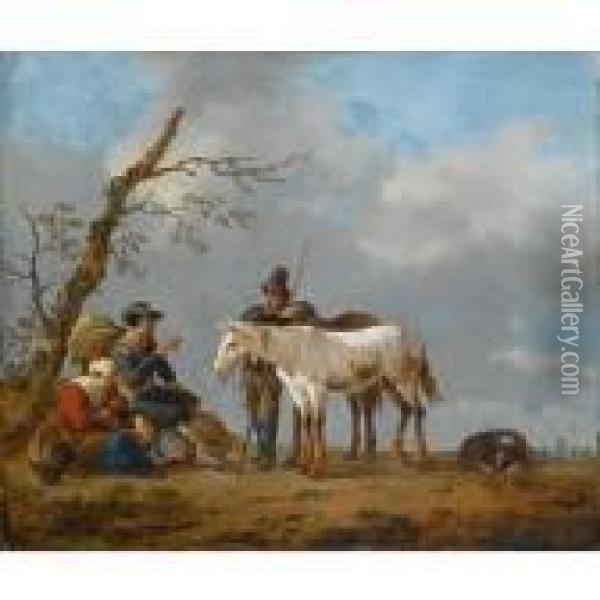 A Family And A Traveller 
Conversing Near A Tree, Together With Their Horses And A Dog In A 
Landscape Oil Painting - Johannes Lingelbach