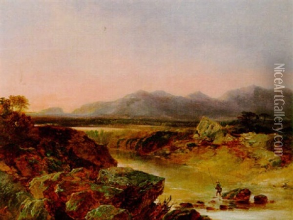 An Angler In A River Landscape Oil Painting - Edmund John Niemann