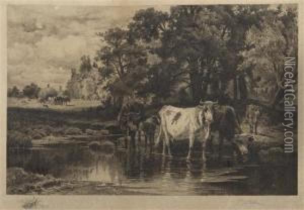 Cows Watering Oil Painting - Edward Percy Moran