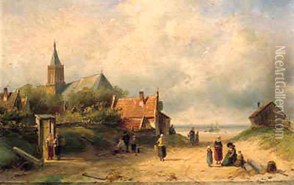 A coastal village with fisherfolk conversing in the foreground Oil Painting - Charles Henri Leickert
