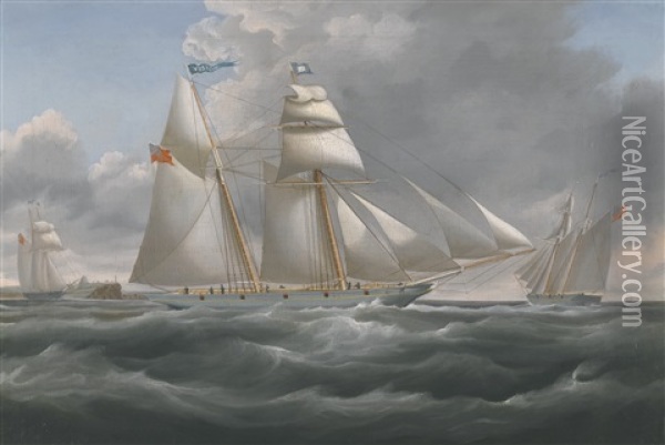 The Schooner Vision In Three Positions Off Tynemouth Oil Painting - William John Huggins