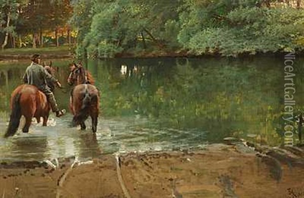 Skovparti Fra Gisselfeld Med Ung Mand, Der Traekker To Heste Gennem Et Vandlob Oil Painting - Frants Peter Didrik Henningsen