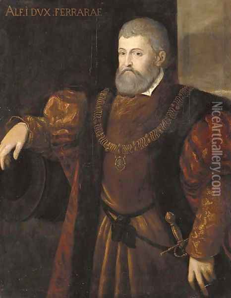 Portrait of Alfonso I, Duca di Ferrara, half-length, wearing a fur trimmed coat, his right arm resting on a cannon barrel Oil Painting - Tiziano Vecellio (Titian)