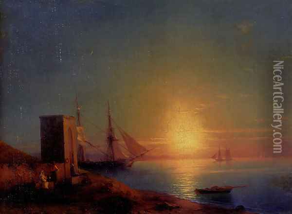 Figures In A Coastal Landscape At Sunset Oil Painting - Ivan Konstantinovich Aivazovsky
