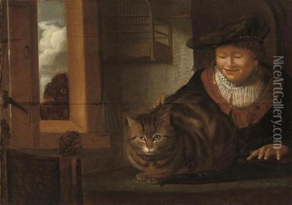 A Man Stroking A Cat In An Interior, An Empty Birdcage Hanging By An Open Window Beyond Oil Painting - Rembrandt Van Rijn