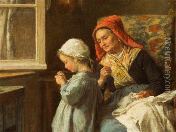 Threading The Needle Oil Painting - Theophile Emmanuel Duverger