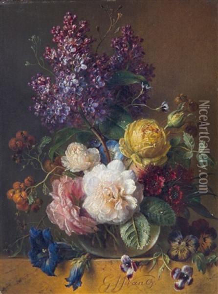 A Still Life Of Roses, Lilacs, Sweet William And Other Flowers In A Vase On A Marble Ledge Oil Painting - Georgius Jacobus Johannes van Os