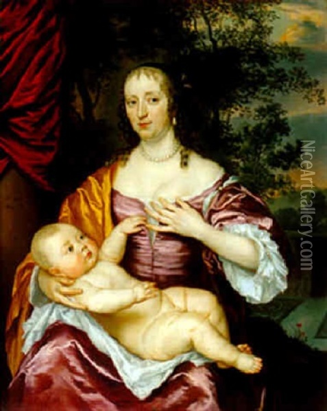 Portrait Der Cornelia Vivien Und Ihres Sohnes Anthony Im Garten Oil Painting - Jan Mytens