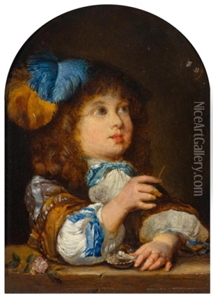 Portrait Of A Boy, In A Feather Headdress, Making Bubbles Oil Painting - Caspar Netscher
