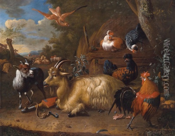 Ein Ziegenbock, Eine Ziege Und Huhner Vor Landschaftshintergrund Oil Painting - Adriaen van Oolen