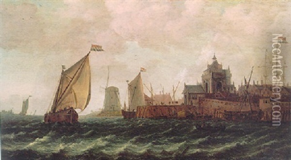 Dutch Pinks In Choppy Waters Off The Coast Of Dordrecht Oil Painting - Wouter Knijff
