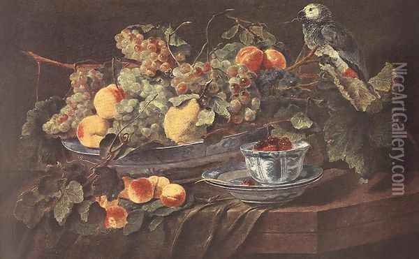 Still-life with Fruits and Parrot c. 1640 Oil Painting - Jan Fyt